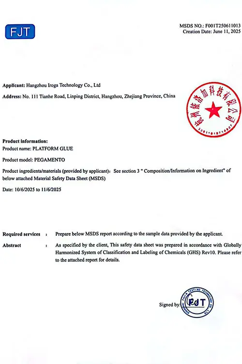 MSDS Certificate for Platform Glue of Iroga 3D Signage Printer