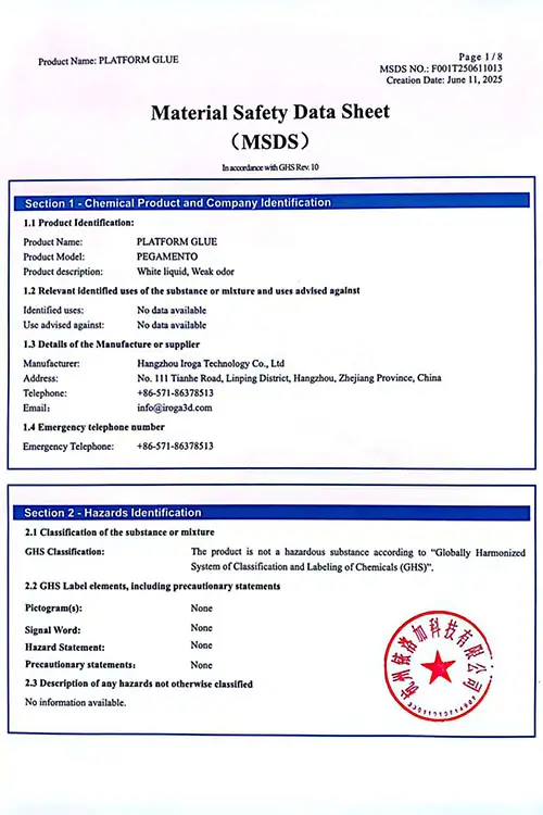 MSDS Certificate for Platform Glue of Iroga 3D Channel Letter Printer